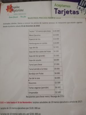 Menú at La Mesa Vegetariana in Bogota