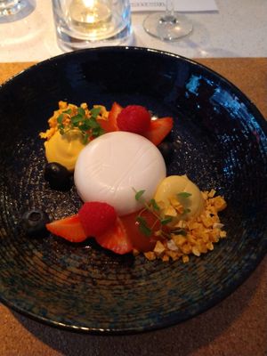 VEGAN LIMONCELLO PANNA COTTA | GEL VAN BLOEDSINAASAPPEL | CRÉMEUX VAN MANGO | ROOD FRUIT 
Jummie at Juuls Domburg in Domburg