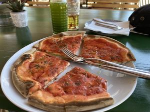 Pizza Marinara for lunch - fresh stone baked vegan pizza. Delicious!  at Buffet Atlas in Cavtat