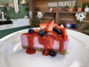 Raw vegan strawberry cheesecake  at North Beach Juicery in San Clemente