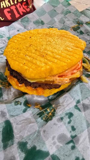 Arepa burger at Grilled! in Brooklyn