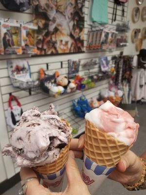 Chocolate raspberry soy ice cream and strawberry lemon sherbet at Wyliepalooza Ice Cream & Anime in Indianapolis