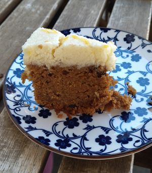 A carrot 🥕 cake 🎂 ! Absolutely delicious, creamy frosting and soft cake. at Inga's Veggie Heaven in Nicosia