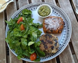 2 burgers : sweet potato and feta(vegan) with an amazing pesto sauce on a side at Inga's Veggie Heaven in Nicosia
