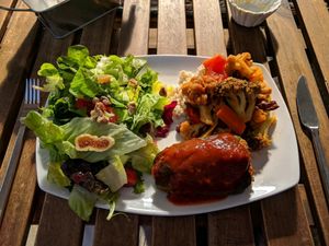Stuffed pepper and vegetable curry stew at Inga's Veggie Heaven in Nicosia