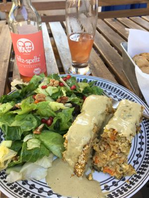 Nut and lentil loaf with yummy sauce at Inga's Veggie Heaven in Nicosia
