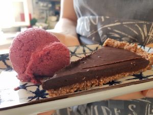 Gluten Free & Sugar Free Vegan Chocolate tart with mix Berry Vegan Ice Cream   at Inga's Veggie Heaven in Nicosia
