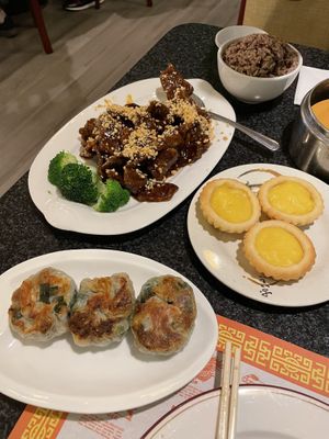 Our favorites - spicy crispy beef, turnip cake and custard tart at Chef Kenny's Vegan Dim Sum in Las Vegas