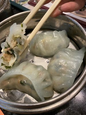 Inside spinach dumplings  at Chef Kenny's Vegan Dim Sum in Las Vegas