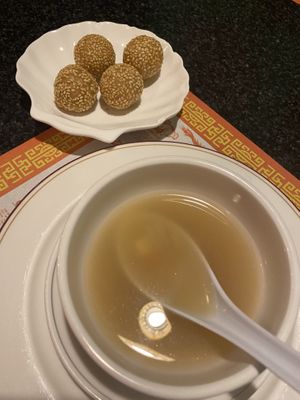 Miso soup and sesame balls  at Chef Kenny's Vegan Dim Sum in Las Vegas
