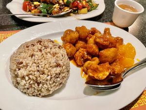 Orange Chicken with brown rice  at Chef Kenny's Vegan Dim Sum in Las Vegas