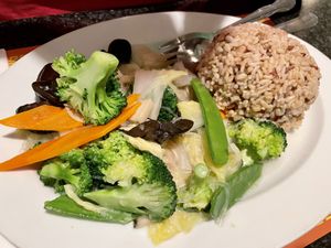 Buddha Delight with brown rice  at Chef Kenny's Vegan Dim Sum in Las Vegas