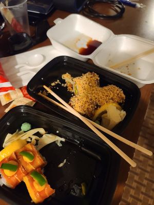 I think its sexy roll, crunchy roll, and then peanut pork dumplings. I forgot to take a photo when opened everything. I was too excited to eat, haha. at Chef Kenny's Vegan Dim Sum in Las Vegas