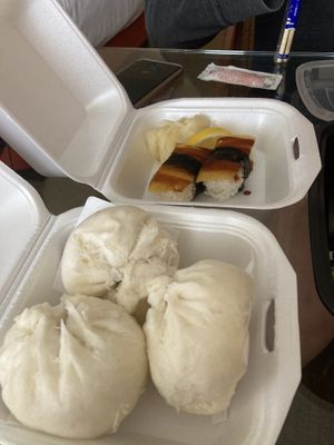 Salmon Nagiri and Bbq pork buns  at Chef Kenny's Vegan Dim Sum in Las Vegas