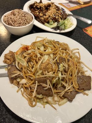 Chow mein and crispy beef with peanuts and brown rice   at Chef Kenny's Vegan Dim Sum in Las Vegas