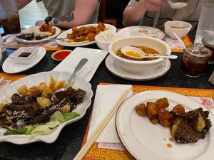 Couldn’t resist digging in before a photo. Korean BBQ Beef, Orange Chicken, and Hot and Sour Soup.  at Chef Kenny's Vegan Dim Sum in Las Vegas