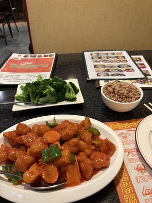 Sweet & sour chicken, steamed broccoli, and brown rice   at Chef Kenny's Vegan Dim Sum in Las Vegas