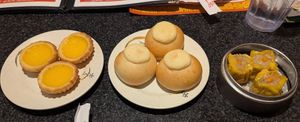 Dimsum: egg custard tart, bbq pork baked bun, siu mai at Chef Kenny's Vegan Dim Sum in Las Vegas