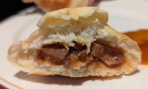 Interior of bbq pork baked bun at Chef Kenny's Vegan Dim Sum in Las Vegas