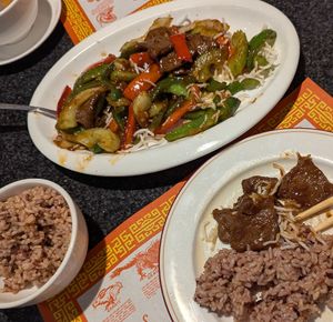 Mongolian beef and brown rice...and my #beigenotgreen plate 😅 at Chef Kenny's Vegan Dim Sum in Las Vegas