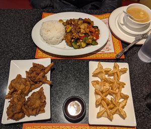 Kung Pao chicken lunch special with white rice and vegetable soup, fried chicken (with a spicy sauce), cream cheese wontons (with sweet and sour sauce) at Chef Kenny's Vegan Dim Sum in Las Vegas