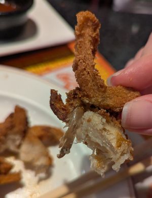 Interior of fried chicken. Appears to be mushroom at Chef Kenny's Vegan Dim Sum in Las Vegas