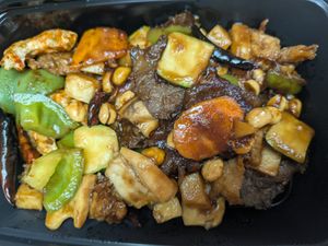 Kung pow chicken, shrimp, and beef at Chef Kenny's Vegan Dim Sum in Las Vegas