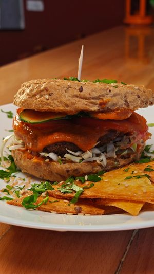 Falafel slider with corn chips on the side at Darkwood - Craft Beer Garden Imaimoze in Mostar