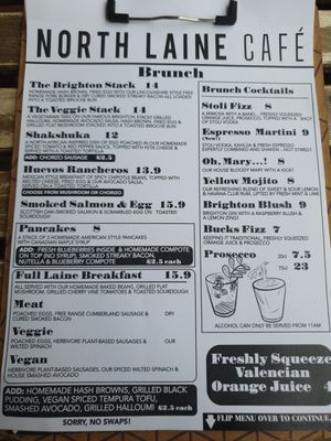 Brunch menu at North Laine Café in Brighton