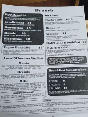 Brunch menu at North Laine Café in Brighton