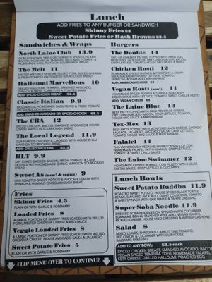 Lunch menu at North Laine Café in Brighton