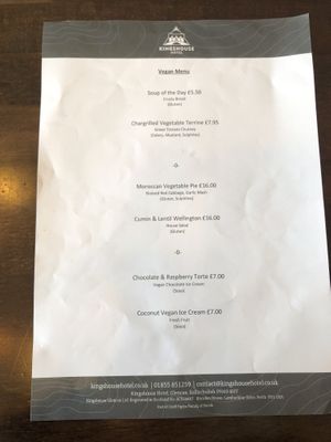 Separate vegan menu- subject to change at Kingshouse Restaurant in Ballachulish