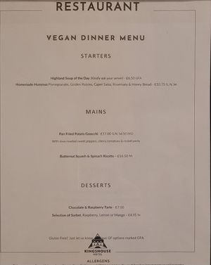 Vegan menu April 2024 at Kingshouse Restaurant in Ballachulish