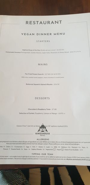 Vegan Menu 06/24 – honey bread??? at Kingshouse Restaurant in Ballachulish