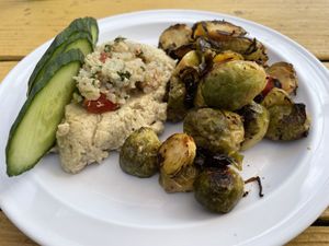 house made hummus with quinoa and marinated brussels sprouts - yum! #Veganuary at Whyld's Vegan Kitchen in Austin