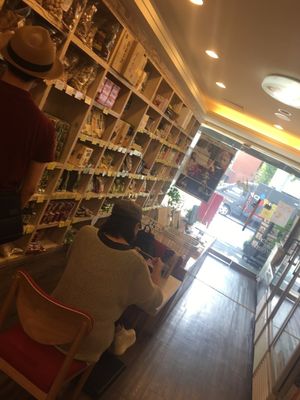 Large shop with vegan meat, soy meat, vegan bulgogi, vegan cheese, vegan whipped cream...options. And korean books. at Loving Hut Gangnam-gu - 러빙헛 in Seoul