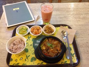 Hot Pot Soy Bulgogi (with rice) and a fresh tomato juice! at Loving Hut Gangnam-gu - 러빙헛 in Seoul