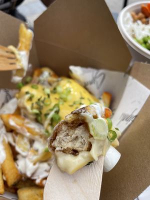 Famous Vegan Parmo Loaded Fries with vegan chicken inside  at Signals in Saltburn-by-the-sea