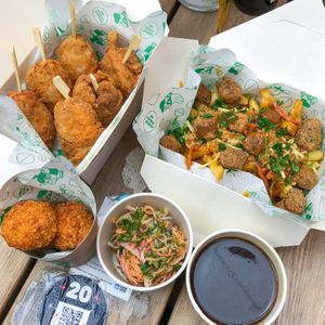 Chick’n with loaded fries, croquettes, slaw, and gravy at No Frickin Chicken in Worcester