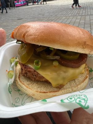 Burger with pepperoni   at No Frickin Chicken in Worcester