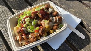 Cheeze and 'Meat' Loaded Fries from the NFC truck at Taunton Vegan Fayre. I added the BBQ sauce.  at No Frickin Chicken in Worcester