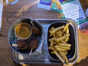 3 pieces, fries and katsu sauce at No Frickin Chicken in Worcester