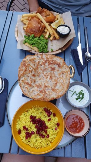 Beer battered tofu (fish and chips) & spicy lentil dal at Hoogste Tijd in Eindhoven
