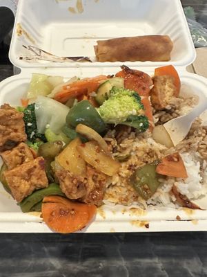 Spicy tofu, mixed veggies, spring roll  at ATL - Asian Chao - Concourse B in College Park