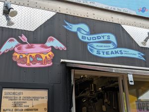 Fun cart decor at Buddy's Steaks in Portland