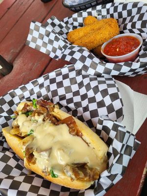 Cheesesteak with provolone and mozz sticks at Buddy's Steaks in Portland
