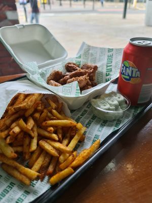 Honea chicken bites with chips and garlic mayo at Vegan Shack - Piccadilly Gardens in Manchester