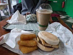 Breakfast muffin, hash browns and a salted caramel ice coffee at Vegan Shack - Piccadilly Gardens in Manchester