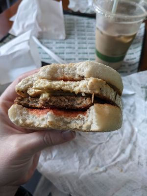 Inside a breakfast muffin at Vegan Shack - Piccadilly Gardens in Manchester