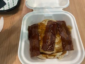 Pancakes with bacon and maple syrup  at Vegan Shack - Piccadilly Gardens in Manchester